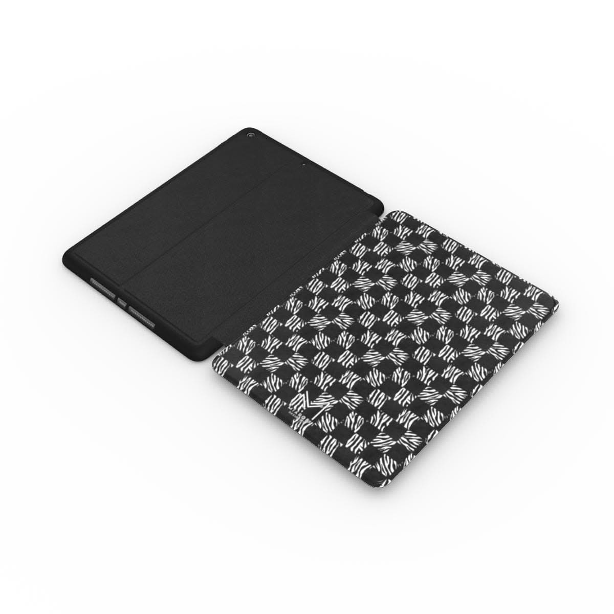 Miarobi checkered black white iPad folio, high-contrast check print with Apple Pencil holder and stand
