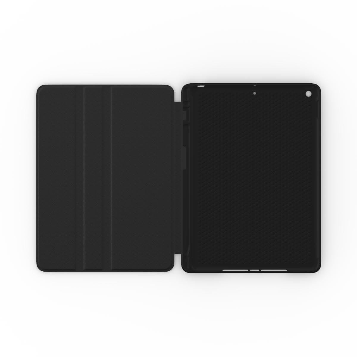 Miarobi checkered black white iPad folio, high-contrast check print with Apple Pencil holder and stand